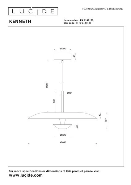 Lucide Premium KENNETH - Pendant light - Ø 40 cm - LED Dim. - 1x12W 2700K - Black - technical